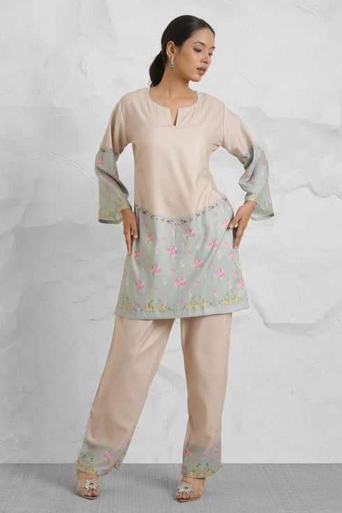 Lawn Cotton Co-ord Set - Beige with Sky Blue Floral Panels With Straight pant