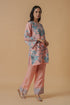 Lawn Cotton Co-ord Set - Peach with Blue Floral Print With Straight pant