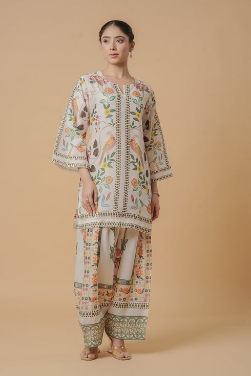 Lawn Cotton Co-ord Set - Off White with Bird and Floral Print with Farsi Pant