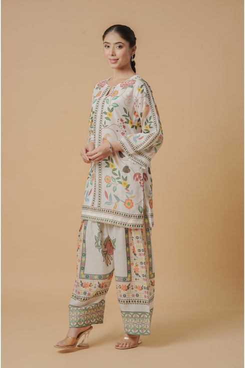 Lawn Cotton Co-ord Set - Off White with Bird and Floral Print with Farsi Pant