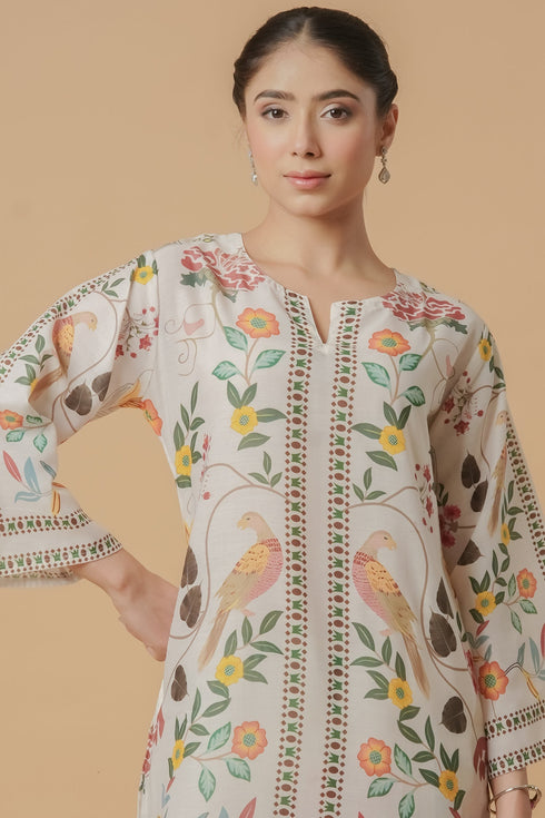 Lawn Cotton Co-ord Set - Off White with Bird and Floral Print with Farsi Pant