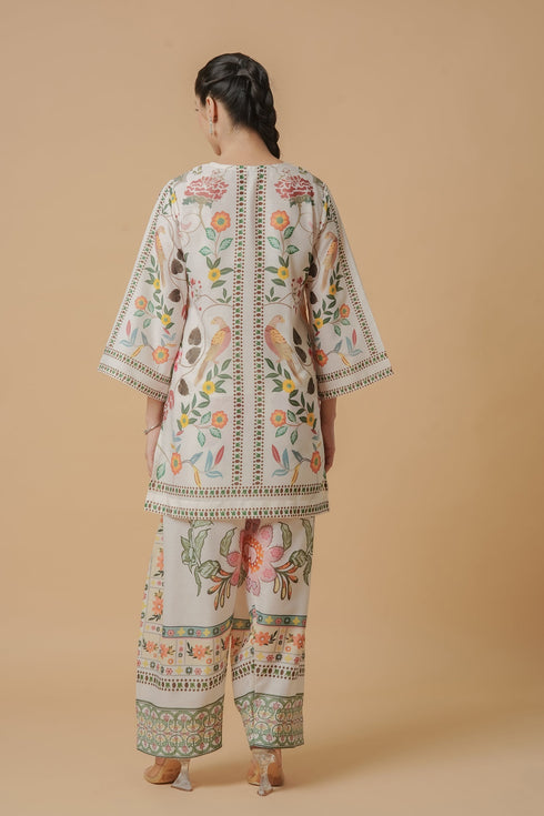 Lawn Cotton Co-ord Set - Off White with Bird and Floral Print with Farsi Pant