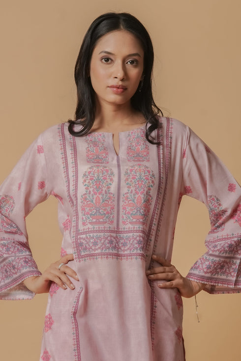 Lawn Cotton Printkari Co-ord Set – Blush Pink Floral with Farsi Pant