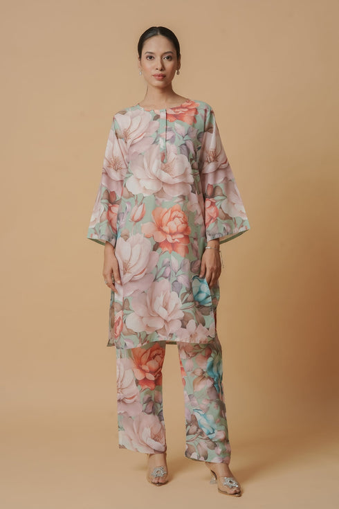 Lawn Cotton Printkari Co-ord Set – Multicolor Pastel Floral Print With Straight pant