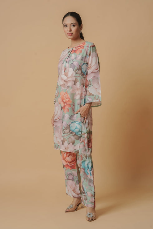 Lawn Cotton Printkari Co-ord Set – Multicolor Pastel Floral Print With Straight pant