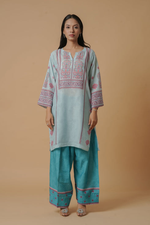 Lawn Cotton Printkari Co-ord Set – Aqua Blue Lawn Cotton Printkari Co-ord Set – Blush Pink Floral with Farsi Pant