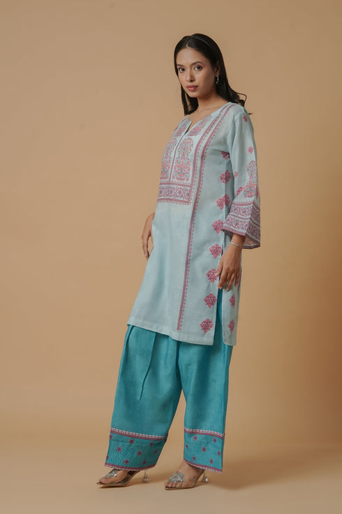 Lawn Cotton Printkari Co-ord Set – Aqua Blue Lawn Cotton Printkari Co-ord Set – Blush Pink Floral with Farsi Pant