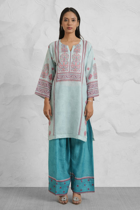 Lawn Cotton Printkari Co-ord Set – Aqua Blue Lawn Cotton Printkari Co-ord Set – Blush Pink Floral with Farsi Pant
