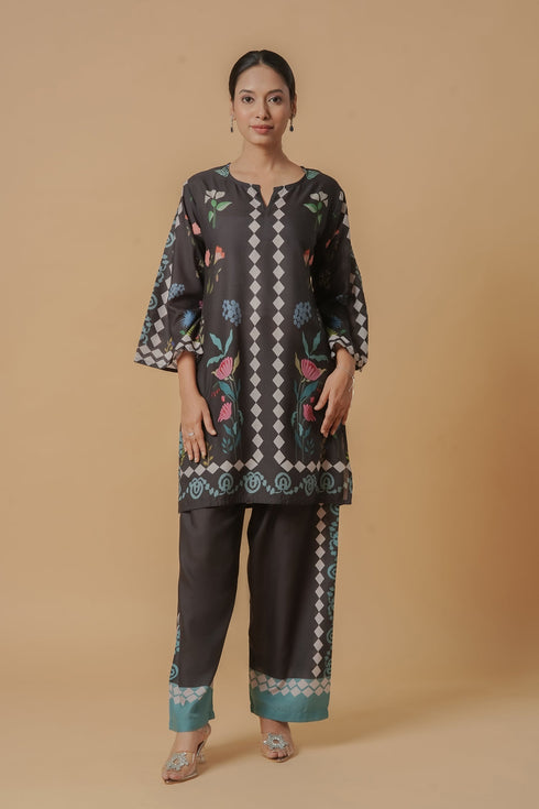 Lawn Cotton Printkari Co-ord Set - Black Print With Straight pant