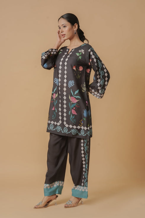 Lawn Cotton Printkari Co-ord Set - Black Print With Straight pant