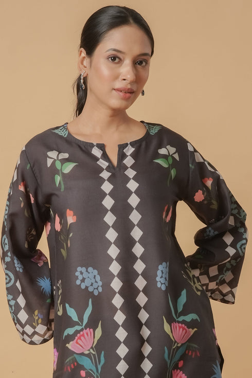 Lawn Cotton Printkari Co-ord Set - Black Print With Straight pant