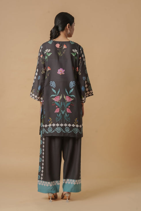 Lawn Cotton Printkari Co-ord Set - Black Print With Straight pant