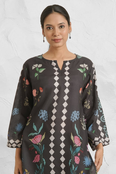 Lawn Cotton Printkari Co-ord Set - Black Print With Straight pant