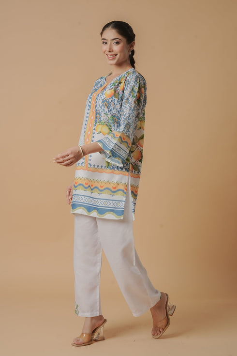 Lawn Cotton Printkari Co-ord Set – White with Citrus Blue Print With Straight pant