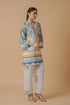 Lawn Cotton Printkari Co-ord Set – White with Citrus Blue Print With Straight pant