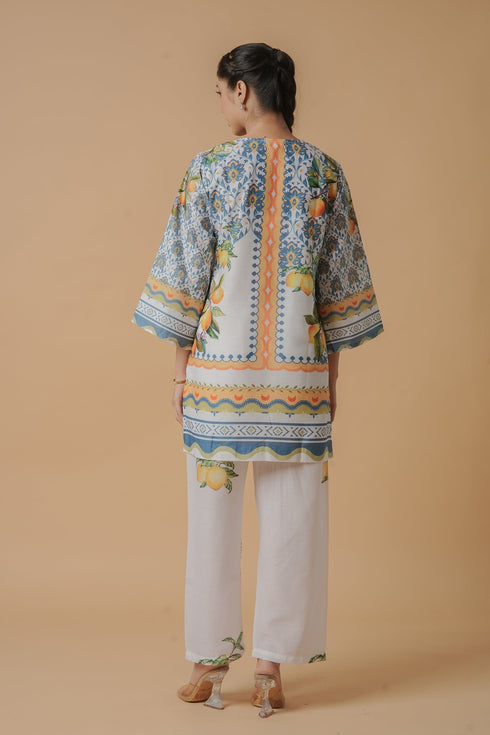 Lawn Cotton Printkari Co-ord Set – White with Citrus Blue Print With Straight pant