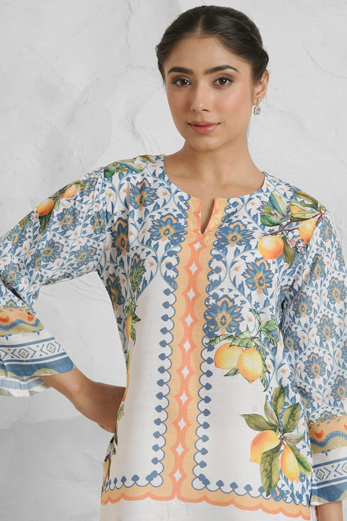 Lawn Cotton Printkari Co-ord Set – White with Citrus Blue Print With Straight pant