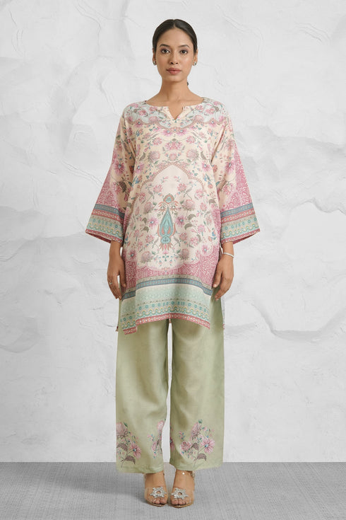 Lawn Cotton Printkari Co-ord Set – Ivory Pastel Floral with Straight Pant