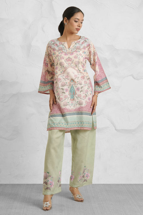 Lawn Cotton Printkari Co-ord Set – Ivory Pastel Floral with Straight Pant
