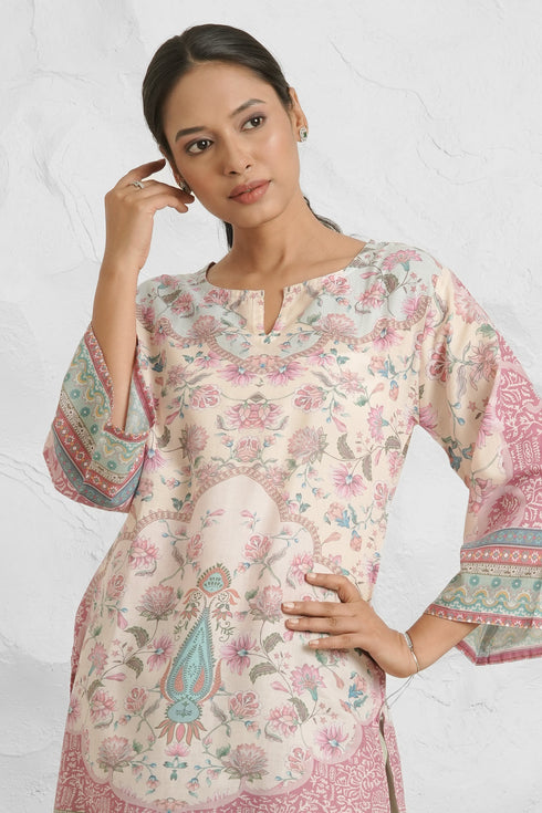 Lawn Cotton Printkari Co-ord Set – Ivory Pastel Floral with Straight Pant