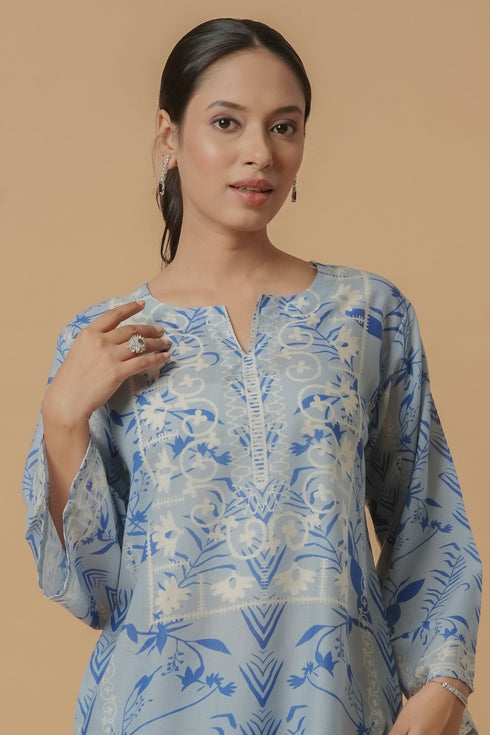 Lawn Cotton Printkari Co-ord Set – Sky Blue With Straight pant