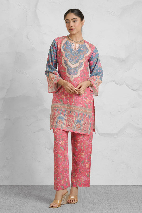 Lawn Cotton Printkari Co-ord Set – Pink Blue With Straight pant