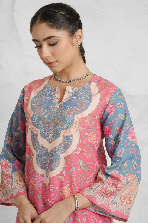 Lawn Cotton Printkari Co-ord Set – Pink Blue With Straight pant