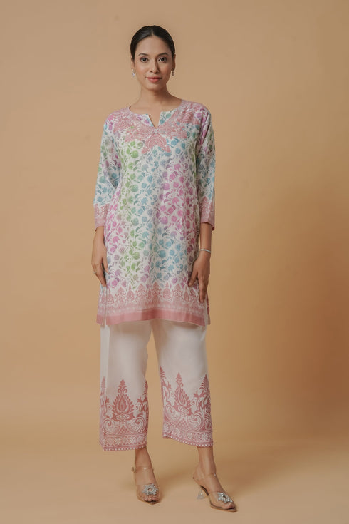 Lawn Cotton Printkari Co-ord Set – White Multicolor With Straight pant