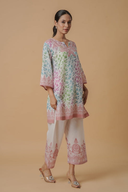 Lawn Cotton Printkari Co-ord Set – White Multicolor With Straight pant