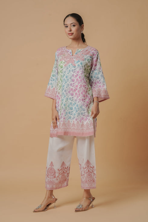 Lawn Cotton Printkari Co-ord Set – White Multicolor With Straight pant