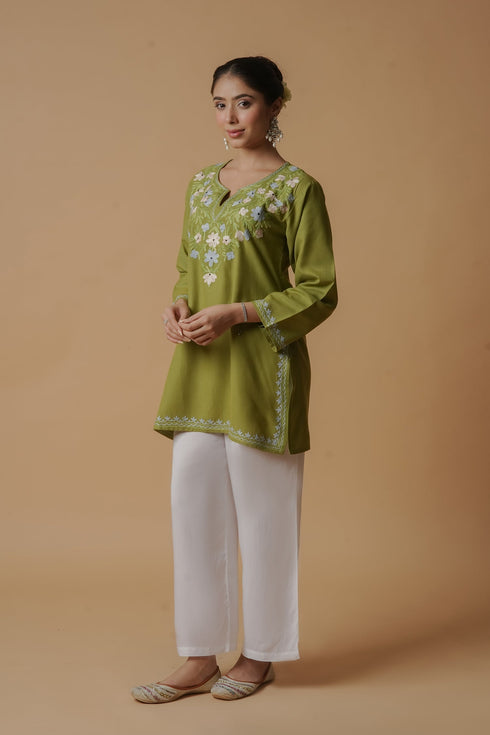 Kashmiri Aari Work Cotton Short Kurta – Green