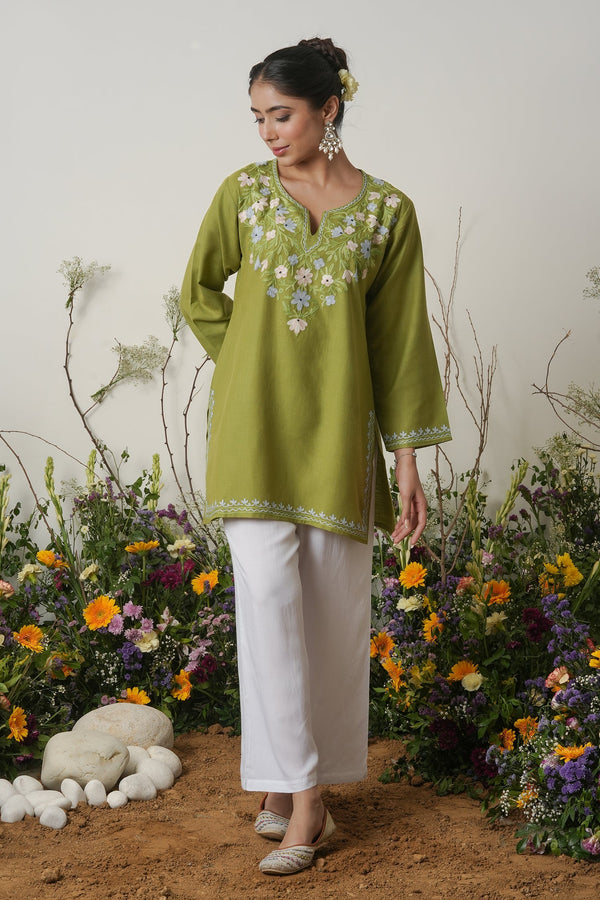 Kashmiri Aari Work Cotton Short Kurta – Green