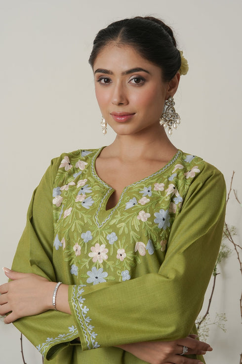 Kashmiri Aari Work Cotton Short Kurta – Green