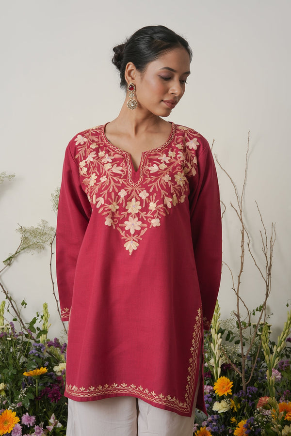 Kashmiri Aari Work Cotton Short Kurta – Maroon