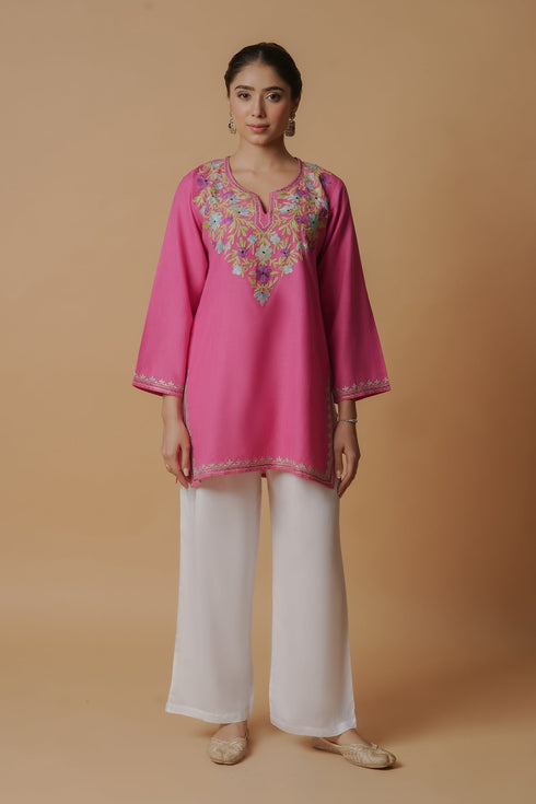 Kashmiri Aari Work Cotton Short Kurta – Pink