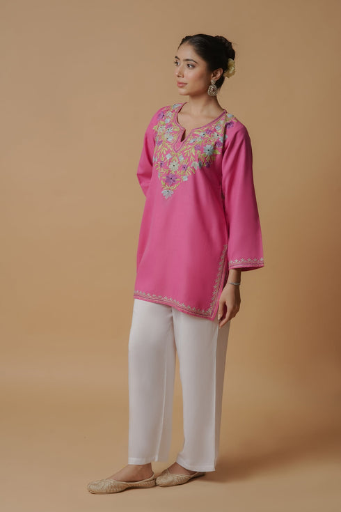 Kashmiri Aari Work Cotton Short Kurta – Pink