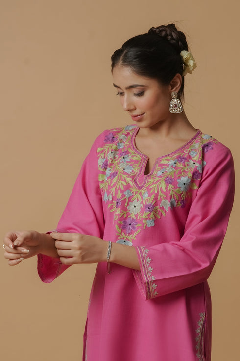 Kashmiri Aari Work Cotton Short Kurta – Pink