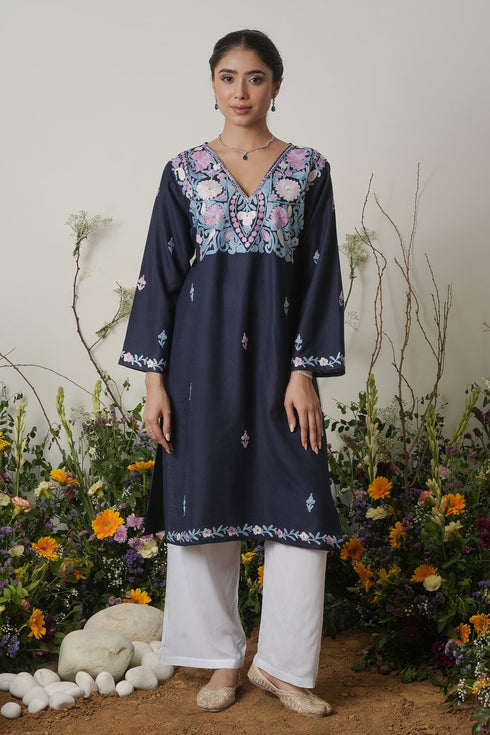 Kashirmir Aari Work Long Kurta - Blue