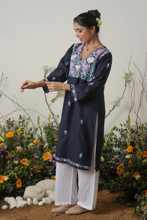 Kashirmir Aari Work Long Kurta - Blue