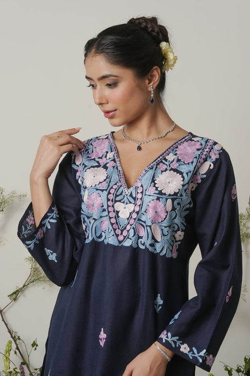 Kashirmir Aari Work Long Kurta - Blue