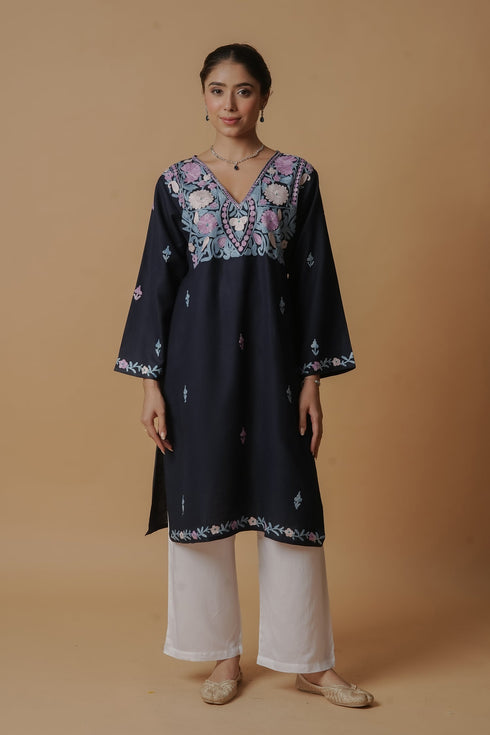 Kashirmir Aari Work Long Kurta - Blue