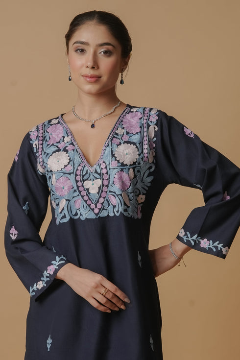 Kashirmir Aari Work Long Kurta - Blue