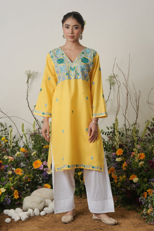 Kashirmir Aari Work Long Kurta – Yellow