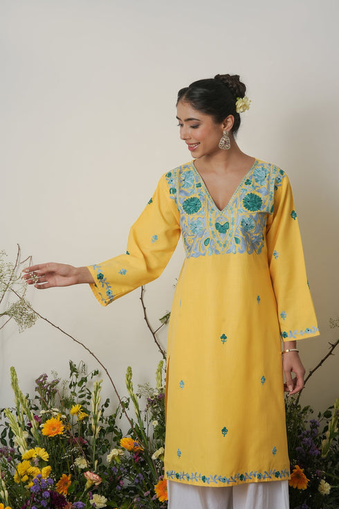 Kashirmir Aari Work Long Kurta – Yellow