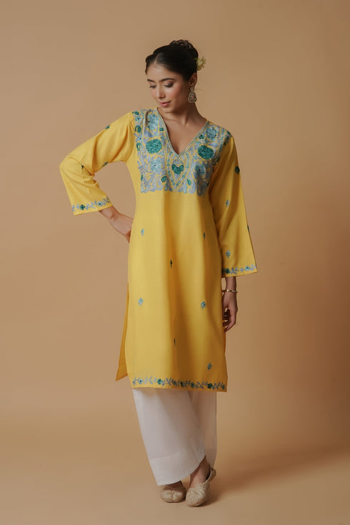 Kashirmir Aari Work Long Kurta – Yellow