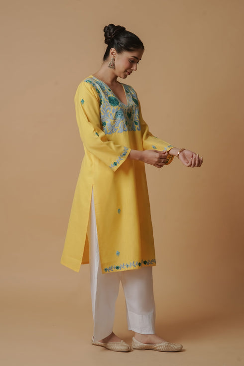 Kashirmir Aari Work Long Kurta – Yellow