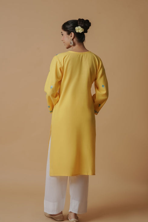 Kashirmir Aari Work Long Kurta – Yellow