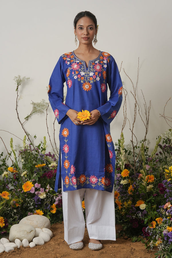Kashirmir Aari Work Long Kurta – Blue
