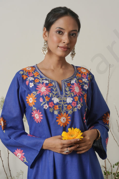 Kashirmir Aari Work Long Kurta – Blue