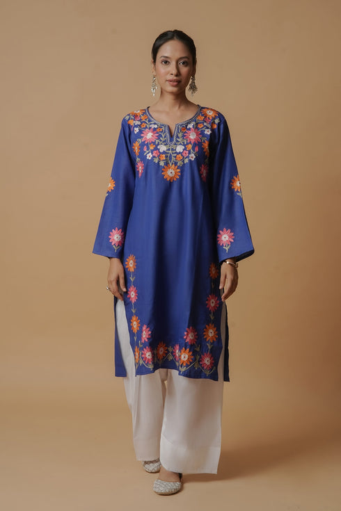 Kashirmir Aari Work Long Kurta – Blue